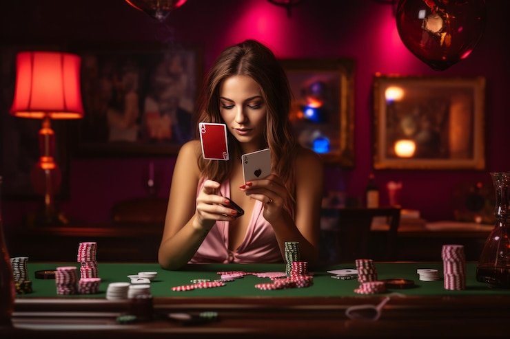 Dealer profesional ayukplay memimpin meja Bandar Poker dengan kartu dan chip di studio HD